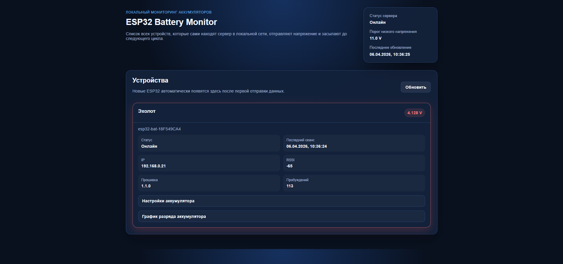 Веб-интерфейс сервиса мониторинга состояния аккумуляторов